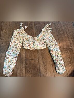 For Love & Lemons Cream Floral Tie-Shoulder Crop Top